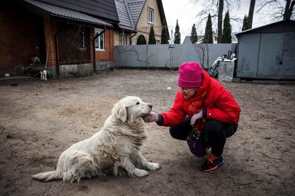 Irina Morozova, de 54 años, juega con un perro que está cuidando en la ciudad de Irpin, Ucrania.
