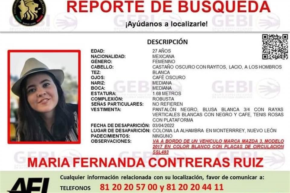 María Fernanda Contreras Ruiz, quien ya no volvió a su domicilio desde el pasado día domingo 3 de abril de este año 2022.