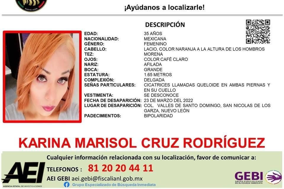 Karina Marisol Cruz Gutiérrez fue vista por última vez el pasado 23 de marzo en la Colonia Valles de Santo Domingo, en San Nicolás.