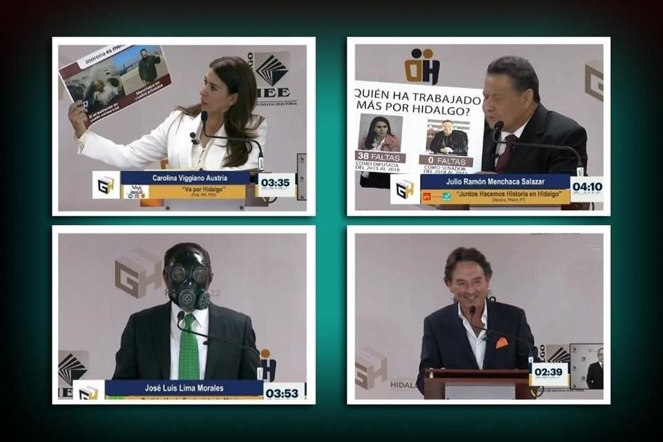 La candidata y candidatos a Gubernatura de Hidalgo cruzaron acusaciones de viajes en jets, inmuebles y actos de corrupción en primer debate.