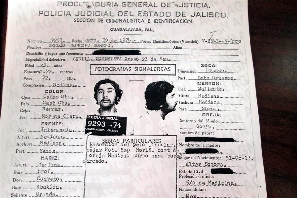 Archivo recuperado en la Comisión de Verdad sobre fichas de investigación que hizo el Gobierno sobre integrantes de la Liga Comunista 23 de Septiembre, en Jalisco.