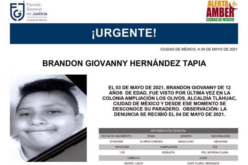 La FGJ activó alerta Amber para localizar a Brandon Giovanny Hernández Tapia, menor de edad que viajaba en el Metro cuando colapsó en Olivos.