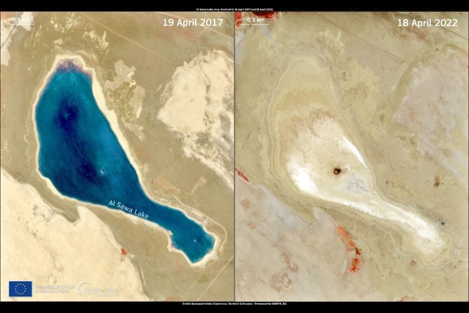 El lago Sawa, en Irak, se secó por completo. Imágenes del 2017 y 2022.