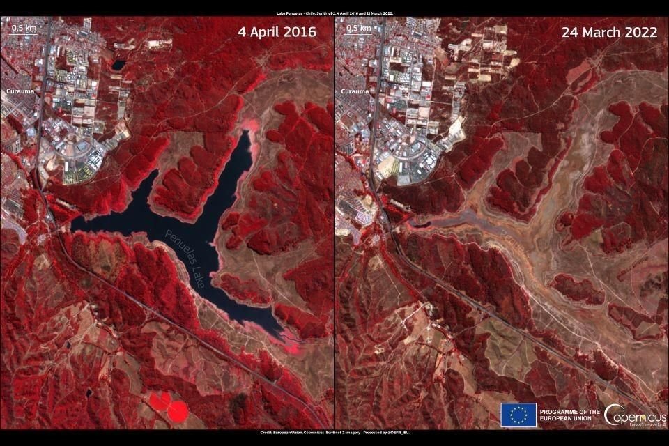 El lago Peñuela, en Chile, casi se secó completamente. Imágenes del 2016 y 2022.