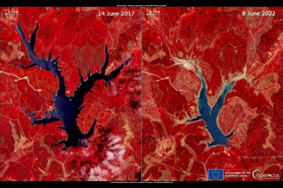 La presa Bravura, en Portugal, está al 14.6 por ciento de su capacidad. Imágenes del 2017 y 2022.