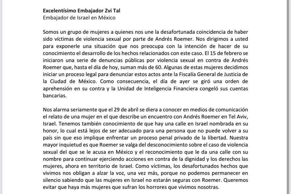 Este viernes, mujeres y colectivas feministas enviaron una carta al diplomático israelí tras la orden de aprehensión girada ayer por la FGJ de CDMX en contra de Roemer.