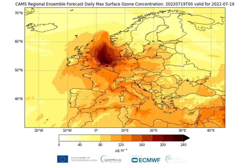 Pronóstico de concentración máxima de ozono a nivel de suelo para el 19 de Julio.