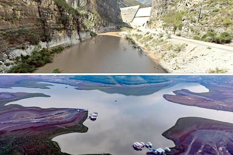 Las presas La Boca (abajo) y Cerro Prieto aumentaron ligeramente su nivel por las lluvias del fin de semana, mientras que la Cortina Rompepicos volvió a lucir con agua acumulada en La Huasteca.