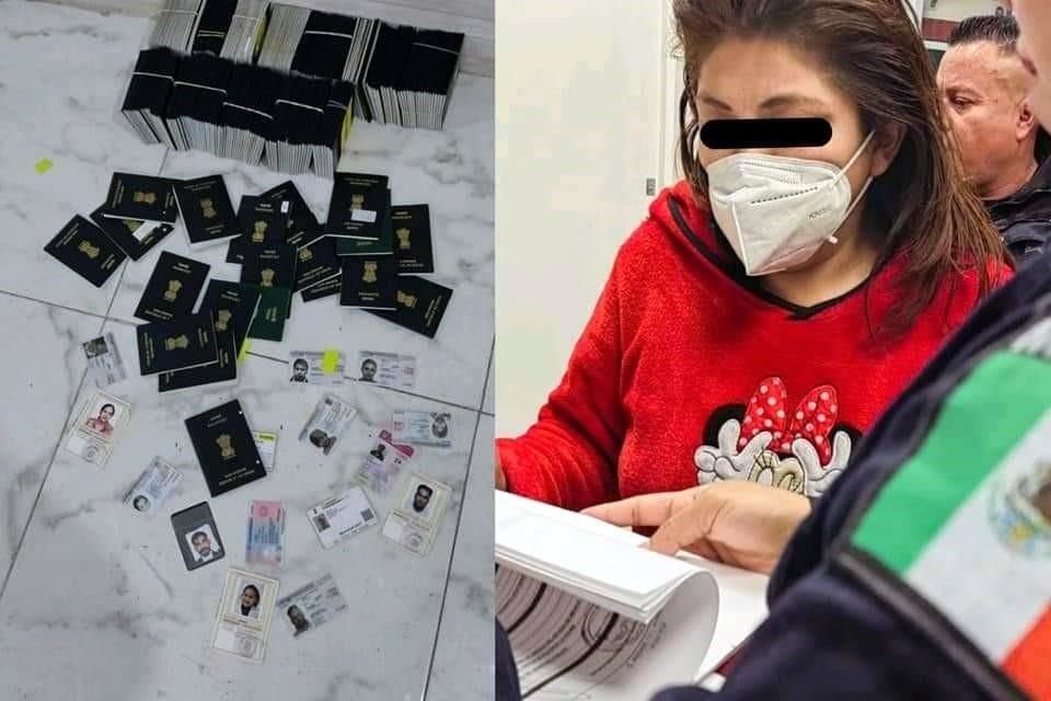 Una mujer de 40 años fue detenida con 208 pasaportes falsos, credenciales de residencia en Italia y una licencia de conducir de la CDMX.