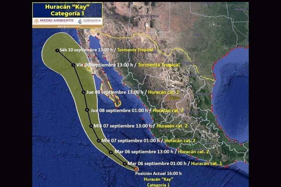 Tormenta tropical 'Kay' en océano Pacífico se intensificó a huracán categoría 1 en escala Saffir-Simpson, reportó Conagua.