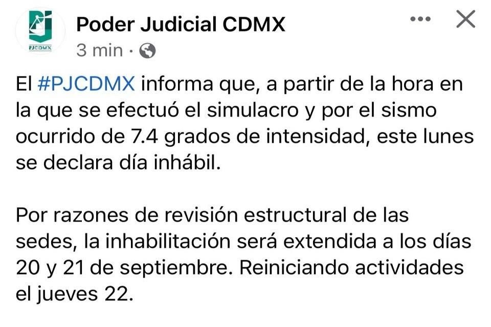 También se decretó la suspensión de los plazos procesales en áreas administrativas y jurisdiccionales en los tiempos y fechas señaladas.