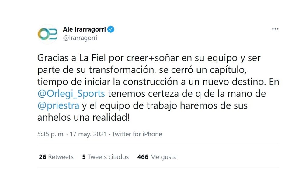 Irarragorri se dirigió a la Fiel en Twitter.