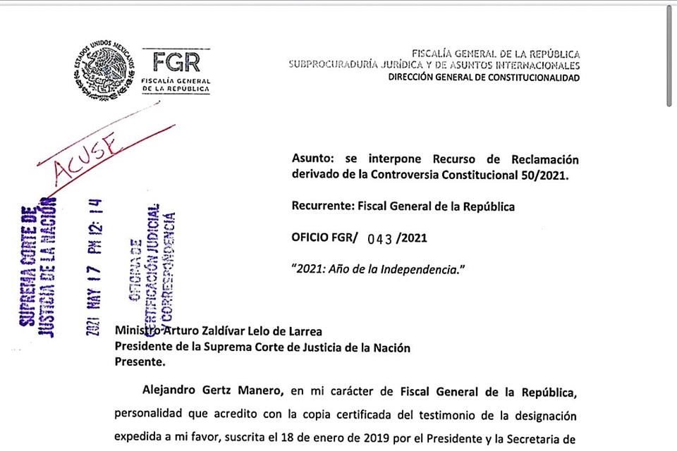 El Fiscal Alejandro Gertz Manero impugnó fallo de Ministro de la Corte que mantiene fuero al Gobernador Francisco García Cabeza de Vaca.