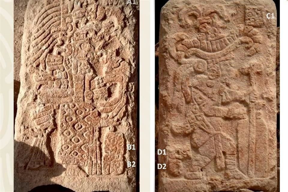 En una cara, la estela muestra a una deidad femenina de ojos grandes; en el segundo flanco, se aprecia la imagen de una deidad masculina que porta una capa reticulada y un bastón en la mano izquierda.