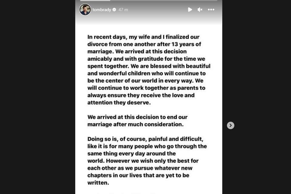 Tom Brady publicó una story para anunciar la separación.