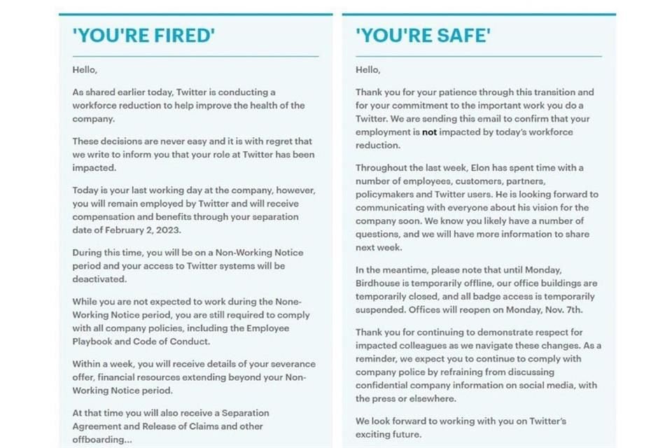 Estas son las dos versiones de correos electrónicos que Twitter envió a sus empleados en Twitter: una que notifica el despedido y la otra que informa la permanencia en la empresa.