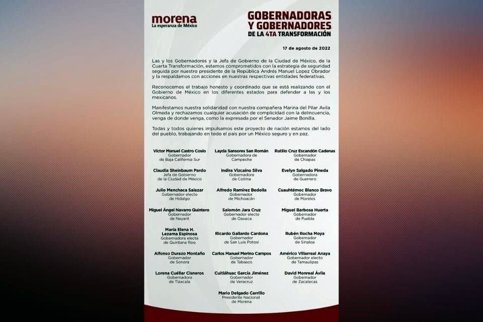 Comunicado que hicieron público los gobernadores de Morena.