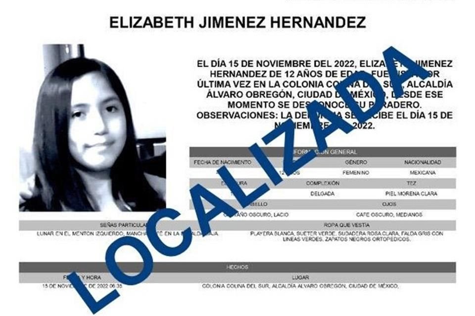Luego de cuatro días de desaparecida, Elizabeth Jiménez, de 12 años, fue encontrada esta tarde, en Pachuca.