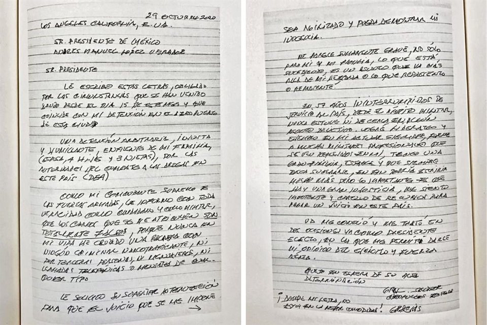 Cienfuegos envió una carta al Presidente López Obrador donde considera su detención como injusta y humillante.