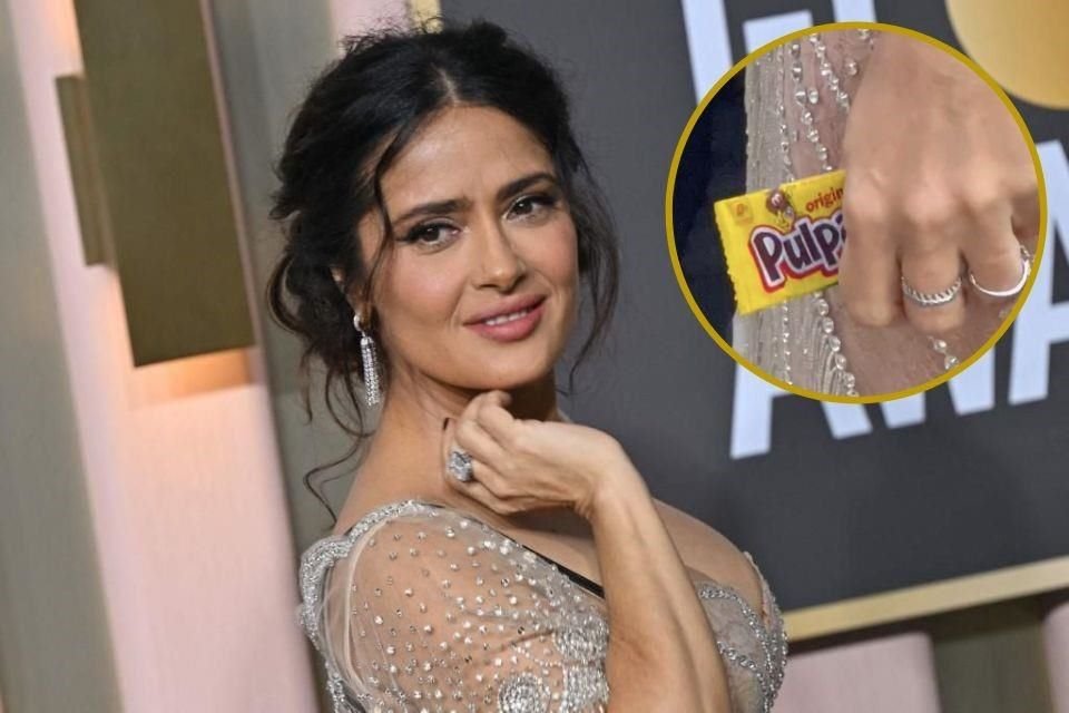 Salma Hayek cautivó en redes sociales por desfilar en la alfombra de los Globo de Oro con dulces mexicanos en mano.