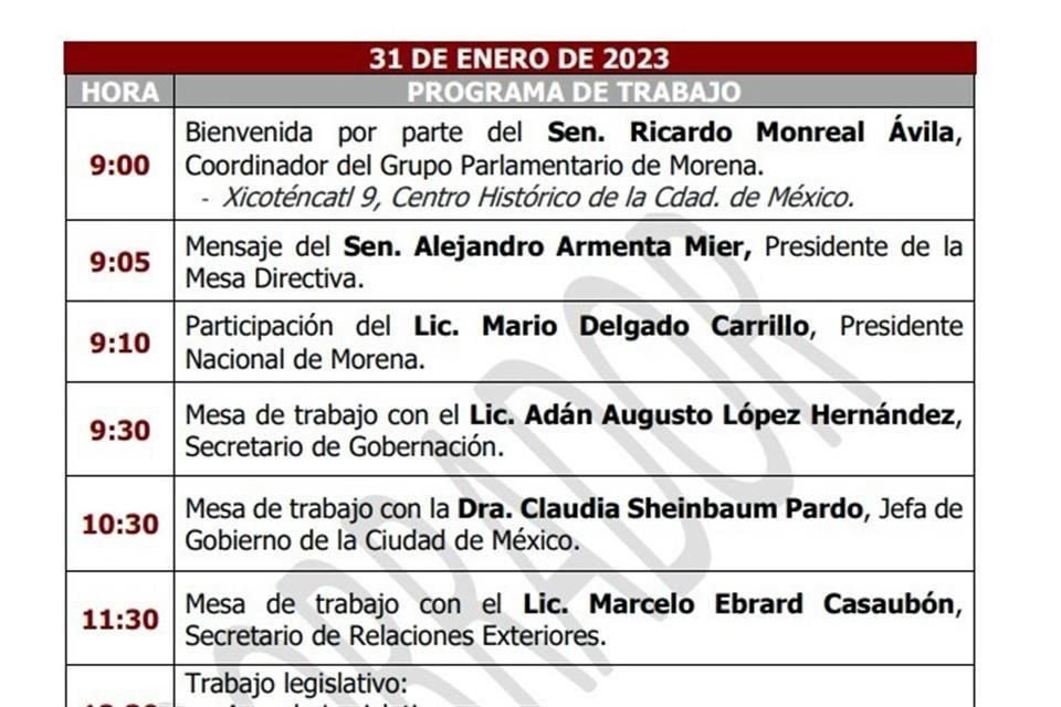 Este es un borrador que circula en el Senado sobre las reuniones de una hora que sostendría cada una de las 'corcholatas' presidenciales con los senadores de Morena.