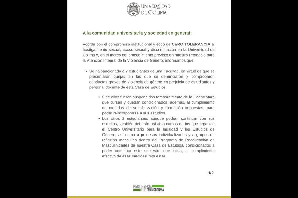 Siete alumnos de la Universidad de Colima fueron sancionados por ser partícipes en actos de violencia de género.