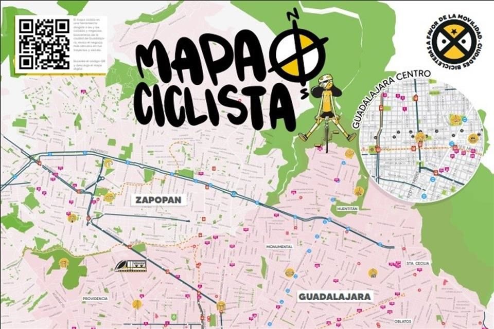 En el mapa ciclista 2023 se marcan las ciclovías existentes, los carriles compartidos y ciclopuertos que hay en Zapopan y Guadalajara.