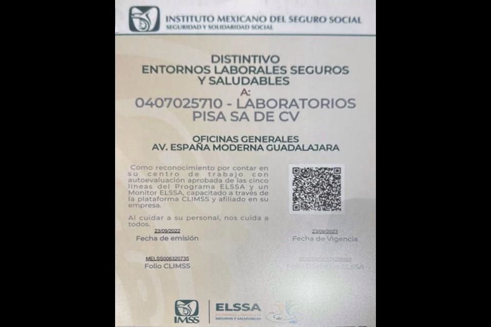 PiSA Farmacéutica recibió el Distintivo ELSSA por lograr 99.96% de la cobertura total de capacitaciones; llevaron a cabo mil 252 asesorías.