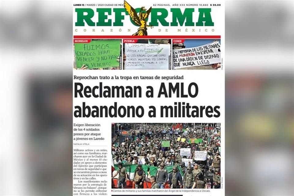 REFORMA publicó que militares activos, en retiro y familiares protestaron por aumento de muertes de uniformados a causa de la estrategia 'abrazos, no balazos'.