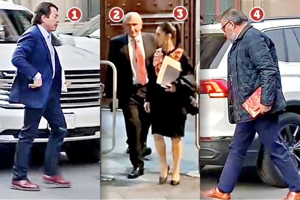 (1) Mario Delgado, líder de Morena; (2) Adán Augusto, titular de Segob; (3) Claudia Shienbaum, jefa de Gobierno de CDMX; (4) Horacio Duarte, coordinador de campaña en Edomex, ayer en Palacio Nacional.