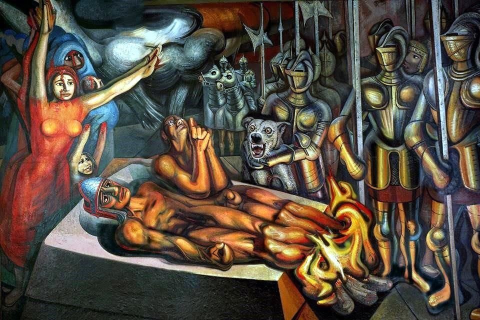Otra de las piezas presentes en la muestra virtual, curada por Gerardo Vázquez, es 'El tormento de Cuauhtémoc', de David Alfaro Siqueiros; mural ubicado en Bellas Artes.