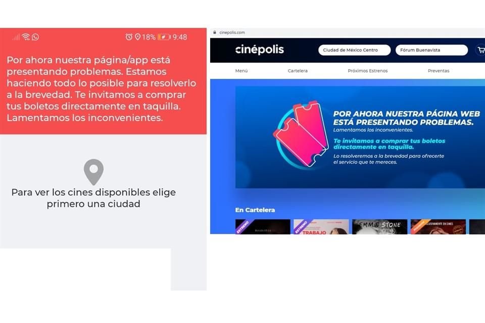 La operación de la aplicación móvil y del sitio web de Cinépolis presentaron fallas durante todo este miércoles a la hora de consultar la cartelera e intentar comprar boletos.