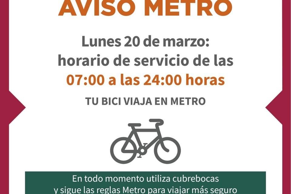 Se podrá transportar bicicletas en el horario, de 7:00 a 24:00 horas, que será el servicio del Metro para estos dos días.