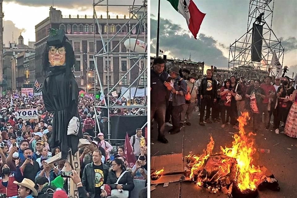 Simpatizantes de AMLO prendieron fuego a una figura de cartón de la Ministra Norma Piña.