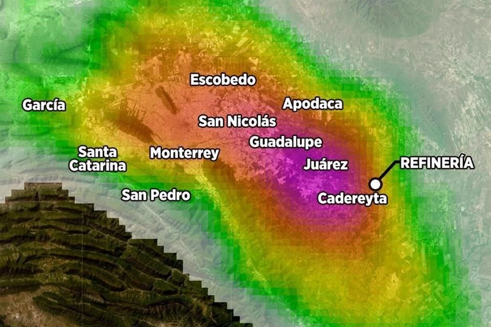 La zona con color morado indica mayor concentración del contaminante. Las más claras son menor concentración.