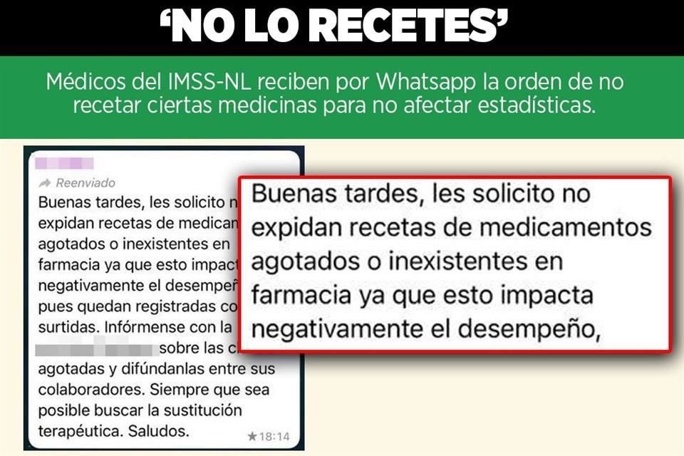 Prácticamente a diario, médicos que laboran en el IMSS en NL reciben instrucciones de no recetar fármacos que no tienen en existencia y así evitar que se refleje en el número de recetas sin surtir.