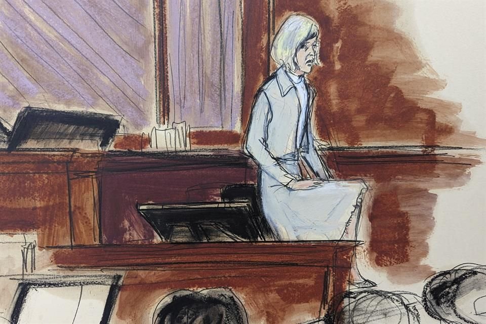 Dibujo de la corte que muestra a E. Jean Carroll demostrando cómo usó su rodilla para empujar a Donald Trump durante una violación en 1996.