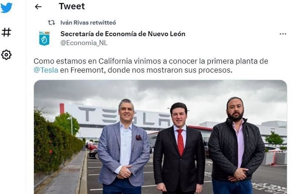 En twitter, el Secretario de Economía de NL, Iván Rivas, mostró una imagen de la visita a Tesla en California, junto con el Gobernador Samuel García y el Subsecretario de Inversión, Emmanuel Loo.