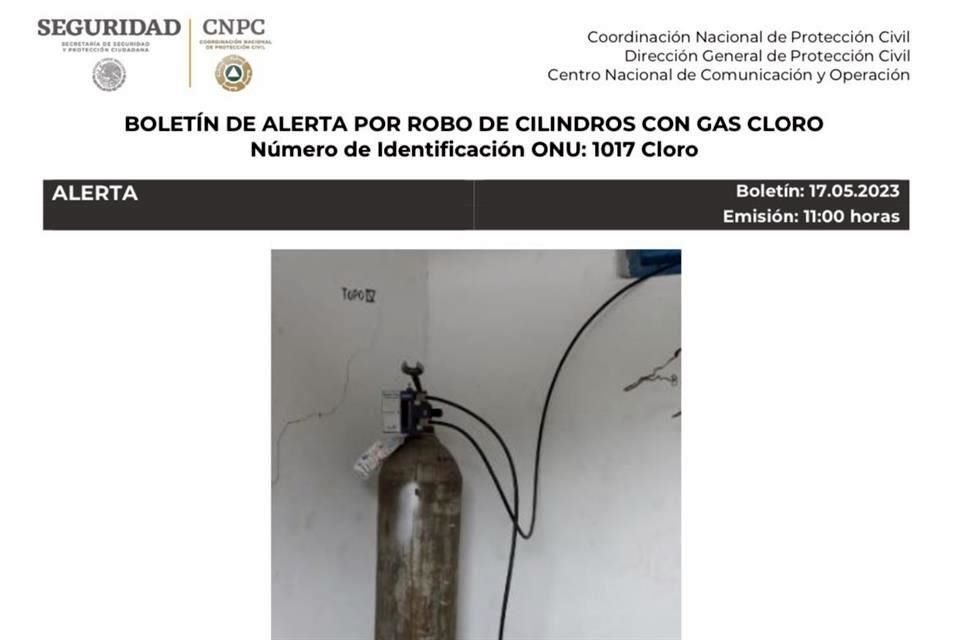 LA CNPC emitió la alerta tras robo de cilindros de gas cloro.