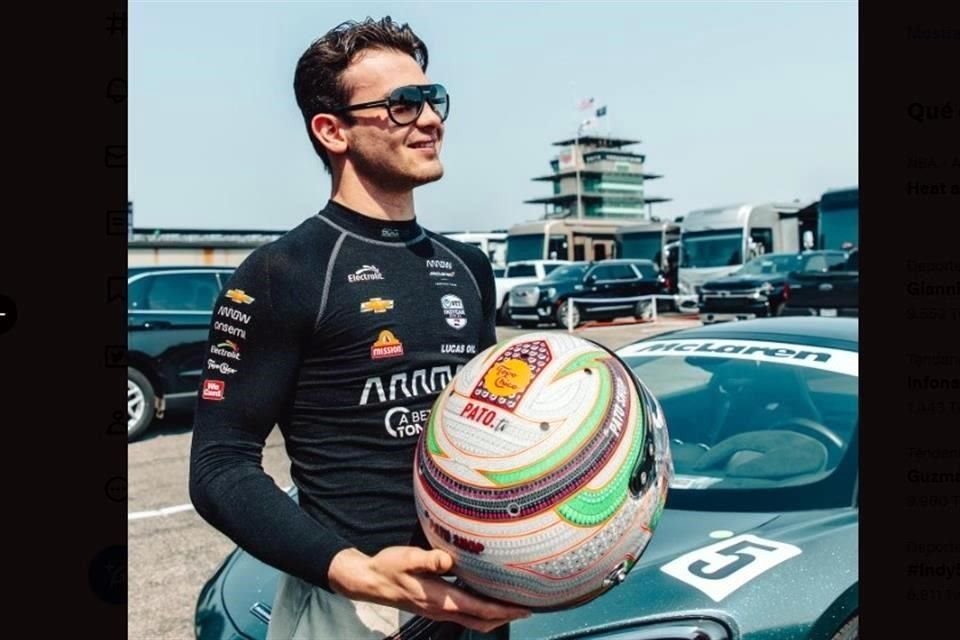 Pato O'Ward y el casco que utilizará en las míticas 500 Millas de Indianápolis.