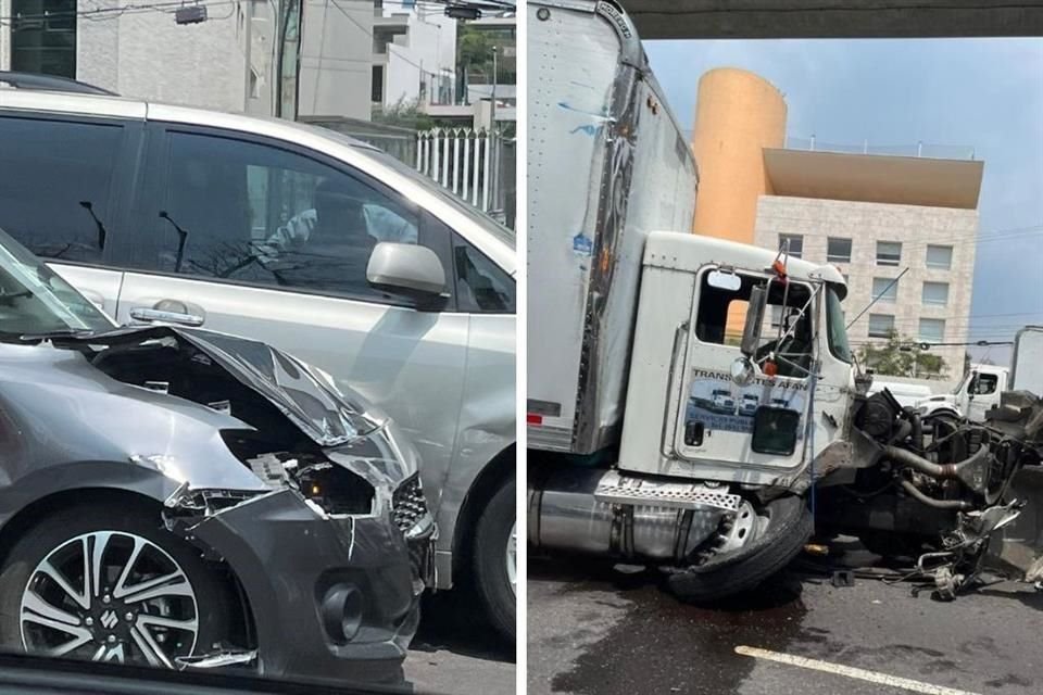 Esta mañana se registró una carambola entre un tráiler y varios vehículos sobre la Carretera México-Toluca, a la altura del km 13 con dirección hacia Periférico.