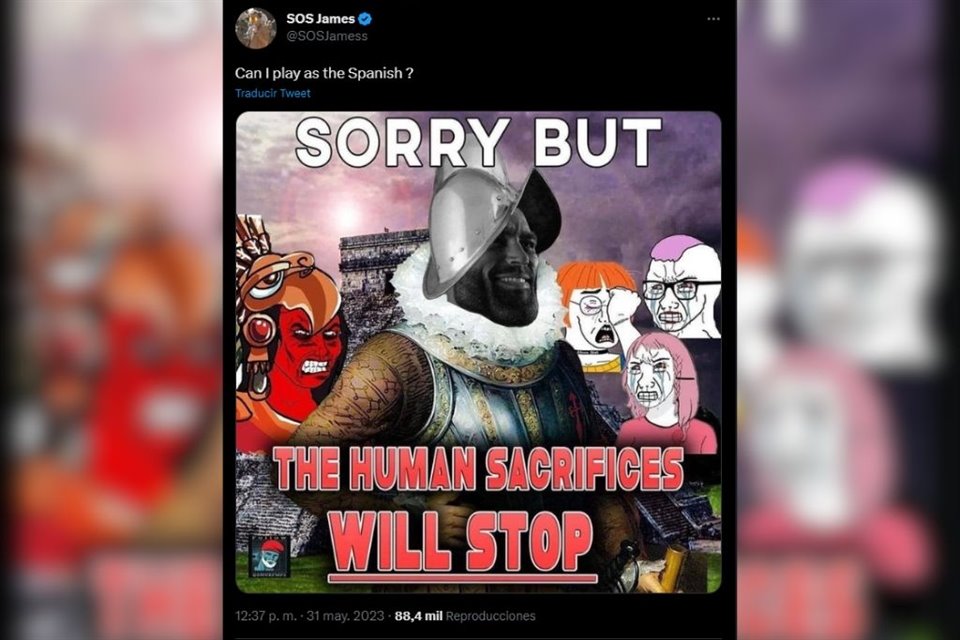 En este tuit, un usuario pide poder jugar el título como los españoles y publica en meme con la leyenda 'Lo siento, pero los sacrificios humanos se detendrán'.