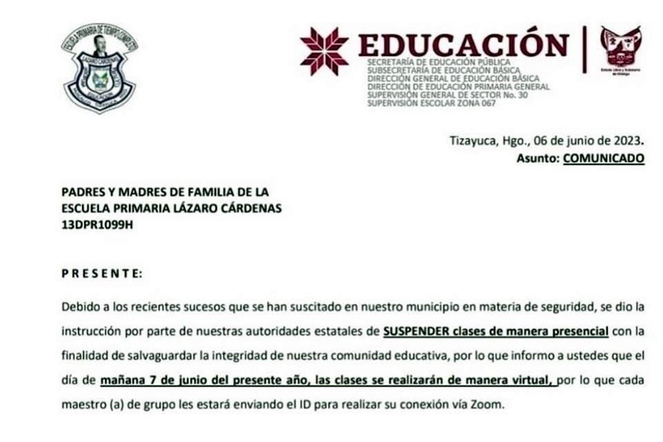 La dirección de la Escuela Primaria Lázaro Cárdenas informó a los padres de familia que la medida fue solicitada por autoridades estatales.