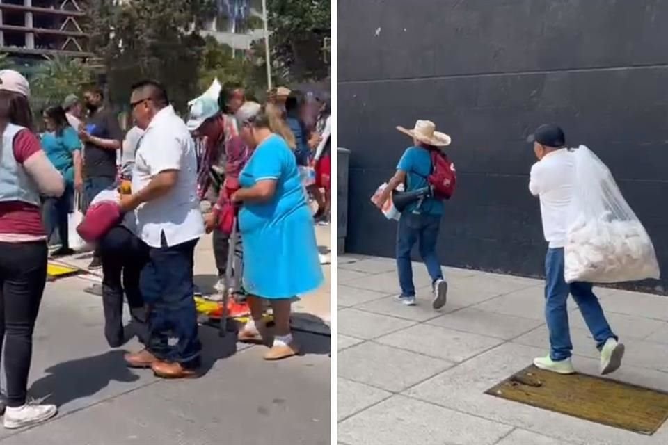 Alrededor de las 9:45 horas, algunas personas acarreaban paquetes con botellas de agua y bolsas con tortas para repartir.