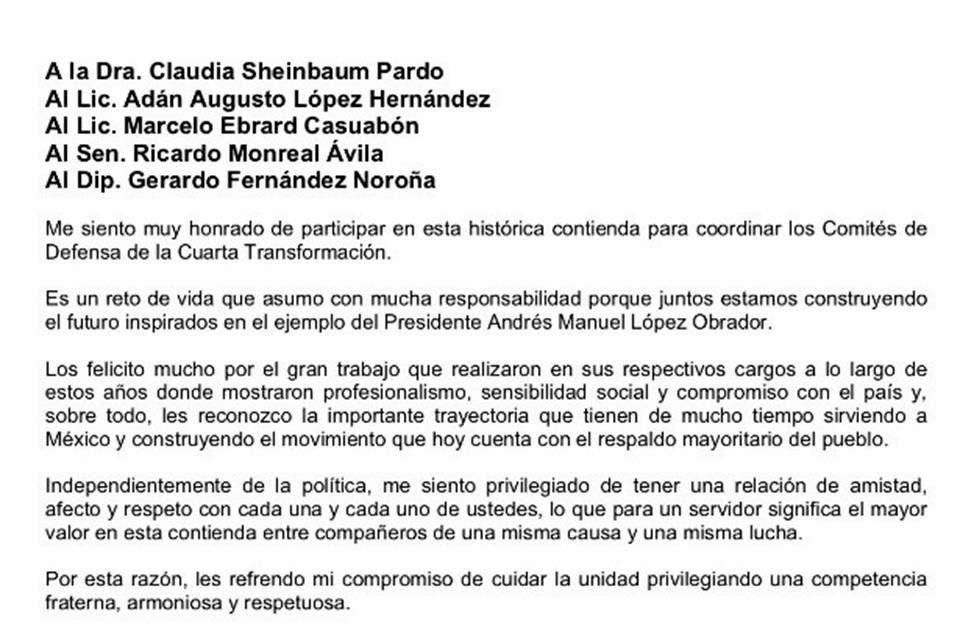 En su escrito, Manuel Velasco convoca a sus contendientes a no luchar 'entre hermanos'.