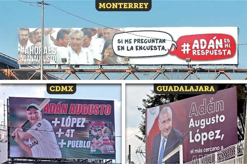 Pese a discurso de campaña austera, 'corcholatas' de Morena, en especial Adán Augusto, llenaron con espectaculares varias ciudades del País.