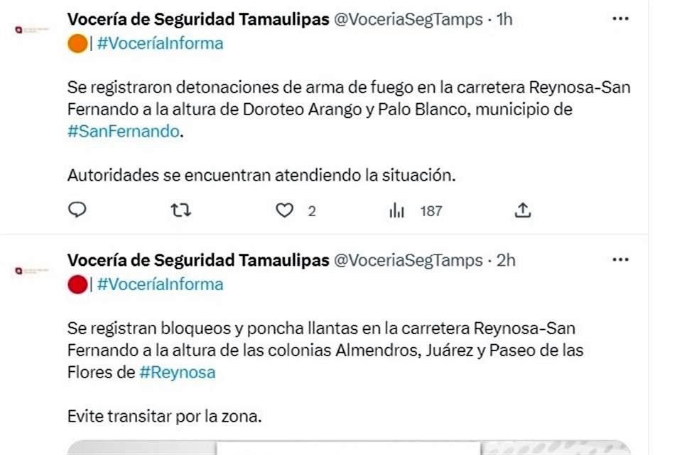 La Vocería de Seguridad Tamaulipas dio a conocer los nuevos hechos de violencia.