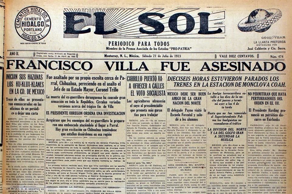 Así publicó EL SOL el sábado 21 de julio de 1923 la noticia del asesinato del Centauro del Norte.