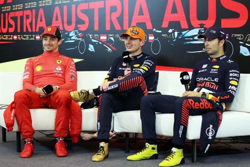 Charles Leclerc, Max Verstappen y Sergio Pérez, durante la temporada 2023 de la F1.  Cortesía Red Bull Content Pool