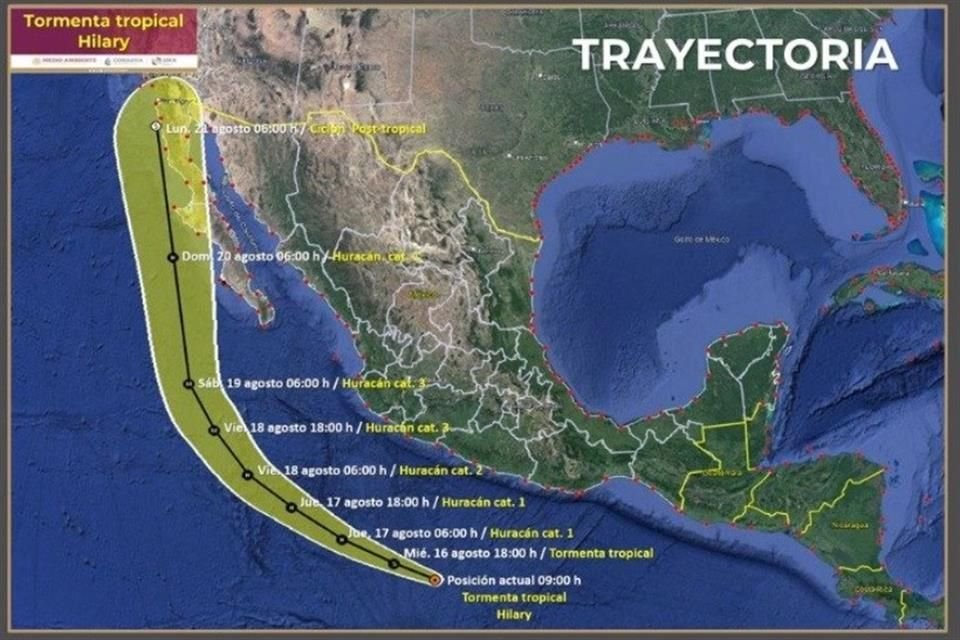 Mapa de la trayectoria de la tormenta tropical 'Hilary' en los próximos días.